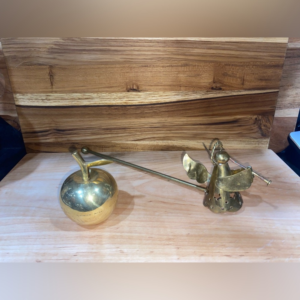 Vintage Angel brass candle snuffer and vintage brass Apple bell
